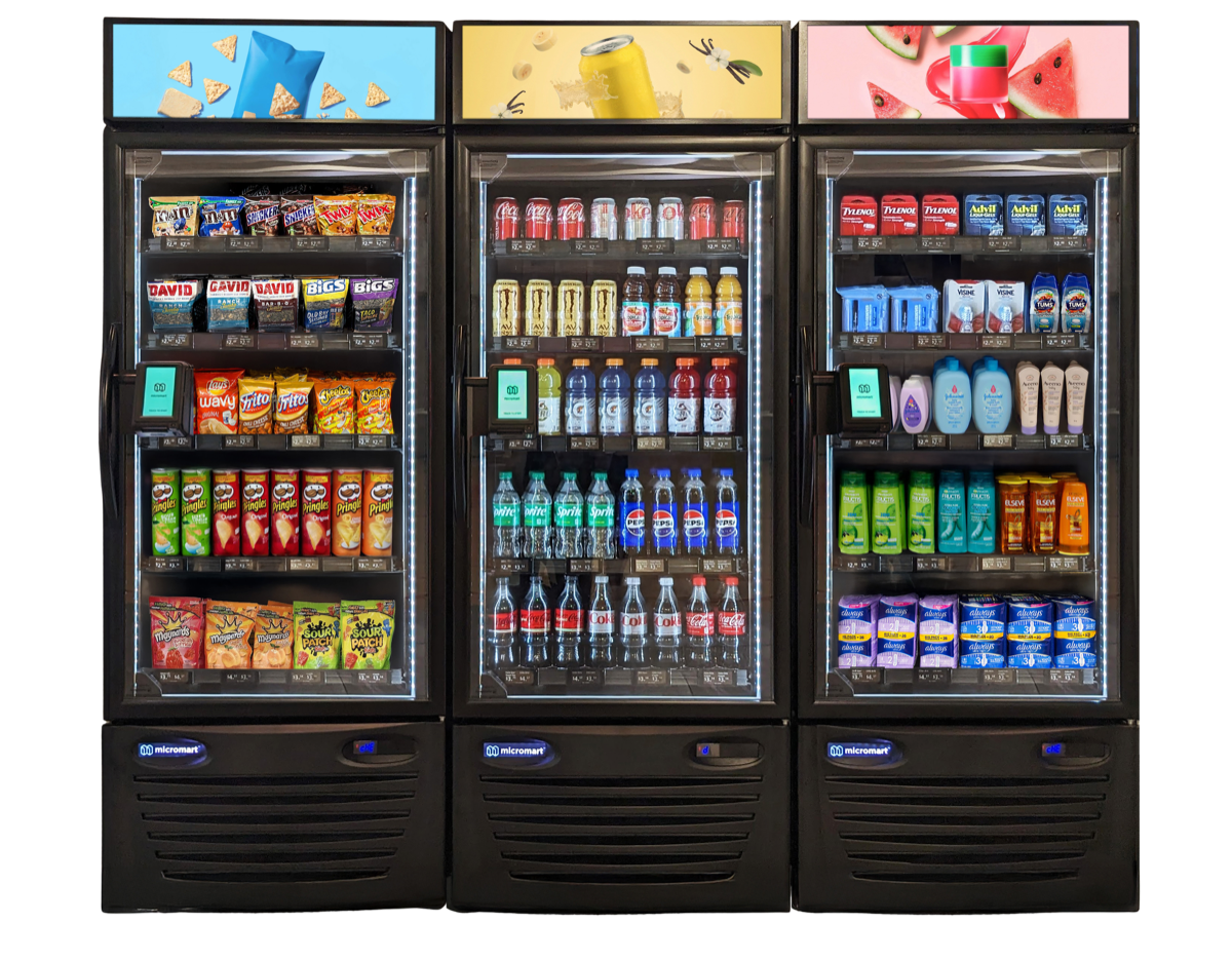 Micromart AI smart cooler stocked with snacks and drinks